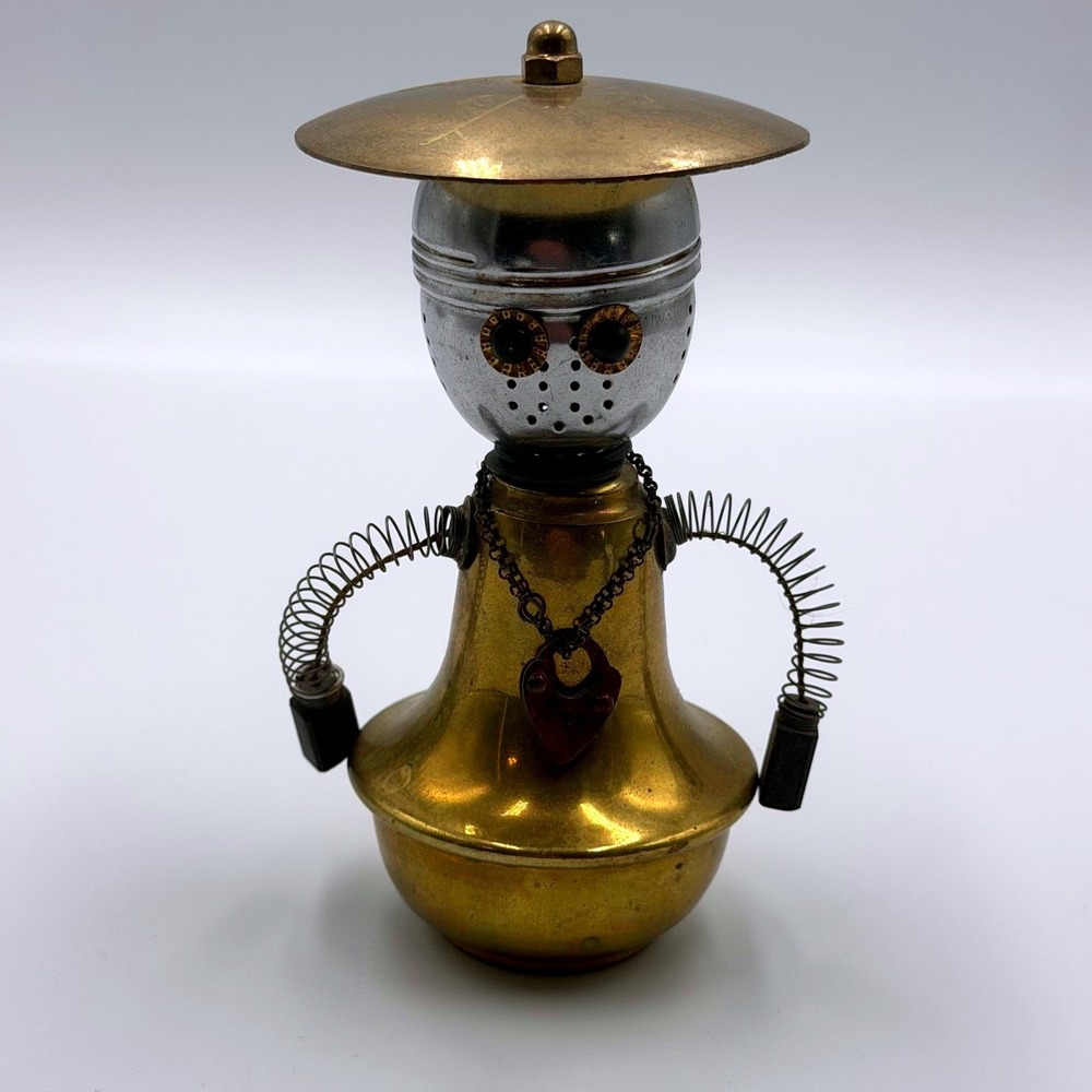 Vintage Steampunk Recycled Metal Robot Sculpture Industrial Found Object Art
